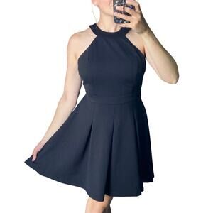 Windsor M Black Pleated High Neck Halter Sleeveless Open Back Mini Skater Dress